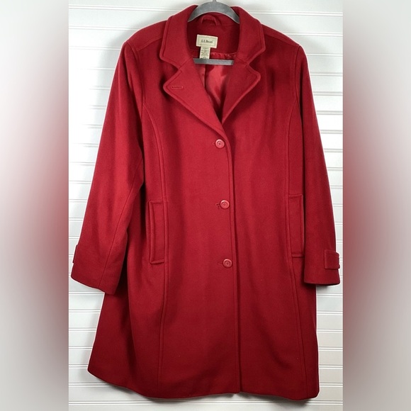 LL Bean womens red lambs wool DRESS Coat 1X Thinsulate lining-kick pleat - Picture 12 of 12